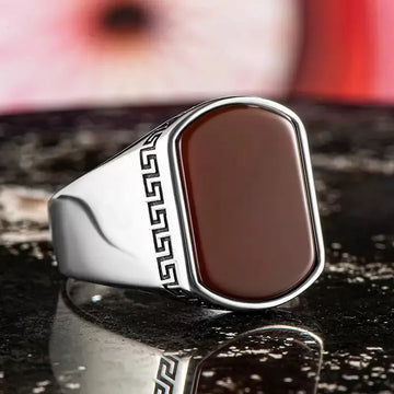 Red Agate Greek Key Signet Ring For Men