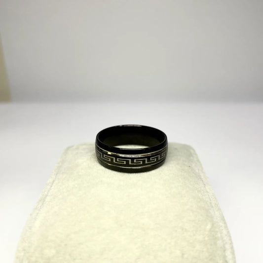 Greek Wave Design Black Silver Ring For Men