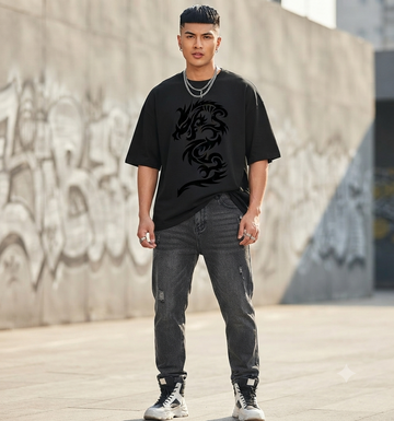 Tribal Dragon Print Oversized T-Shirt Streetwear Aesthetic Tee