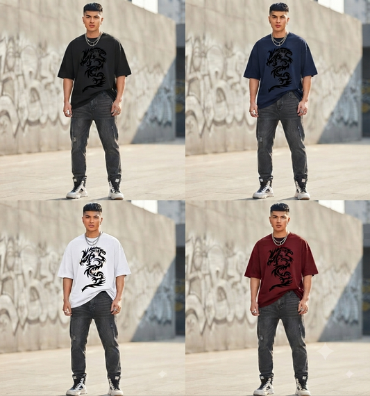 Tribal Dragon Print Oversized T-Shirt Streetwear Aesthetic Tee
