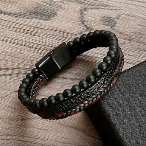 brown & Black Bead & Braid Cuff For Men